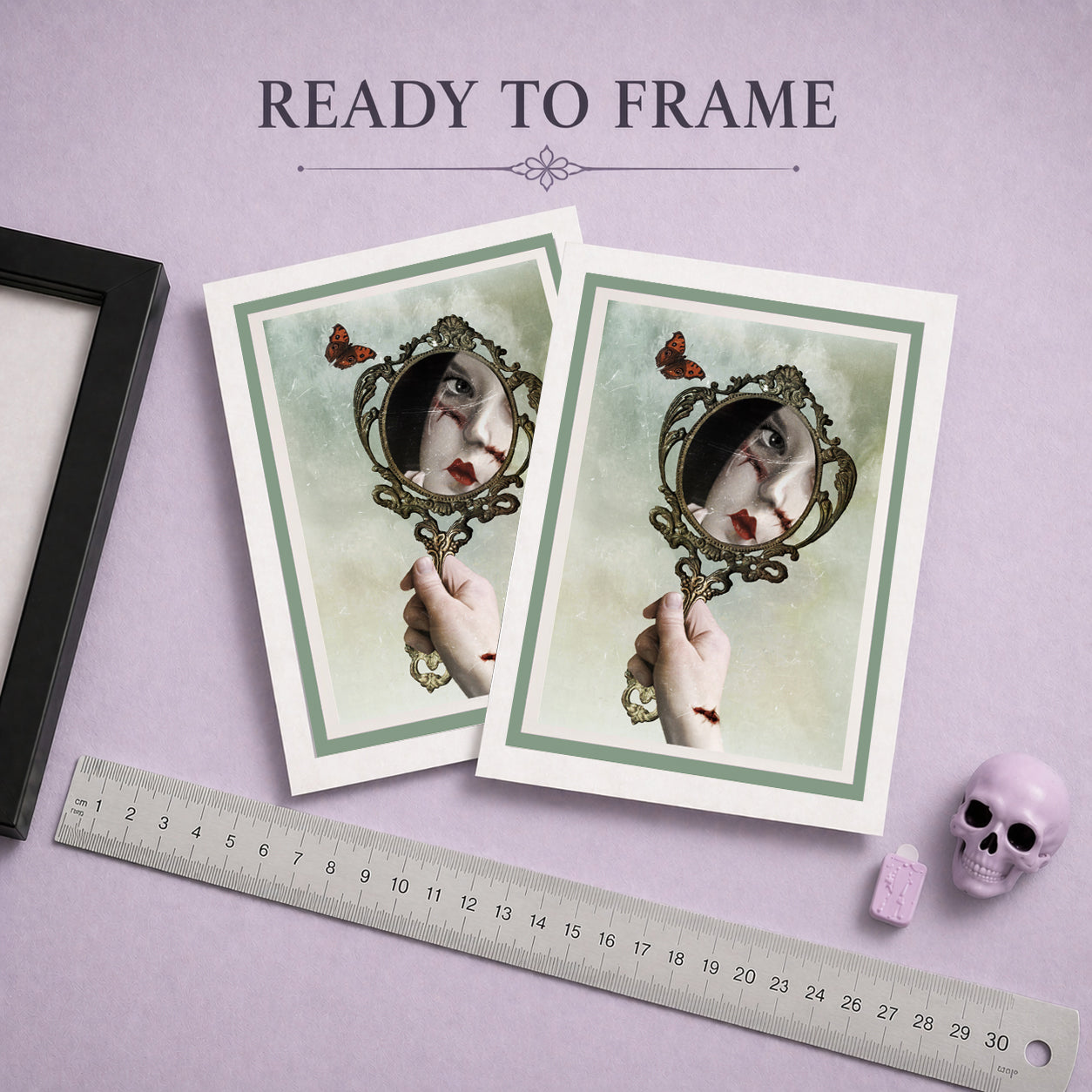 Ready to Frame Gothic mirror art greeting card with white envelope, displayed with ruler. The surreal artwork features a vintage mirror reflection, a butterfly, and dark fantasy imagery.