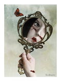 Dark surrealism gothic mirror art print with stitched portrait, vintage hand mirror and butterfly.