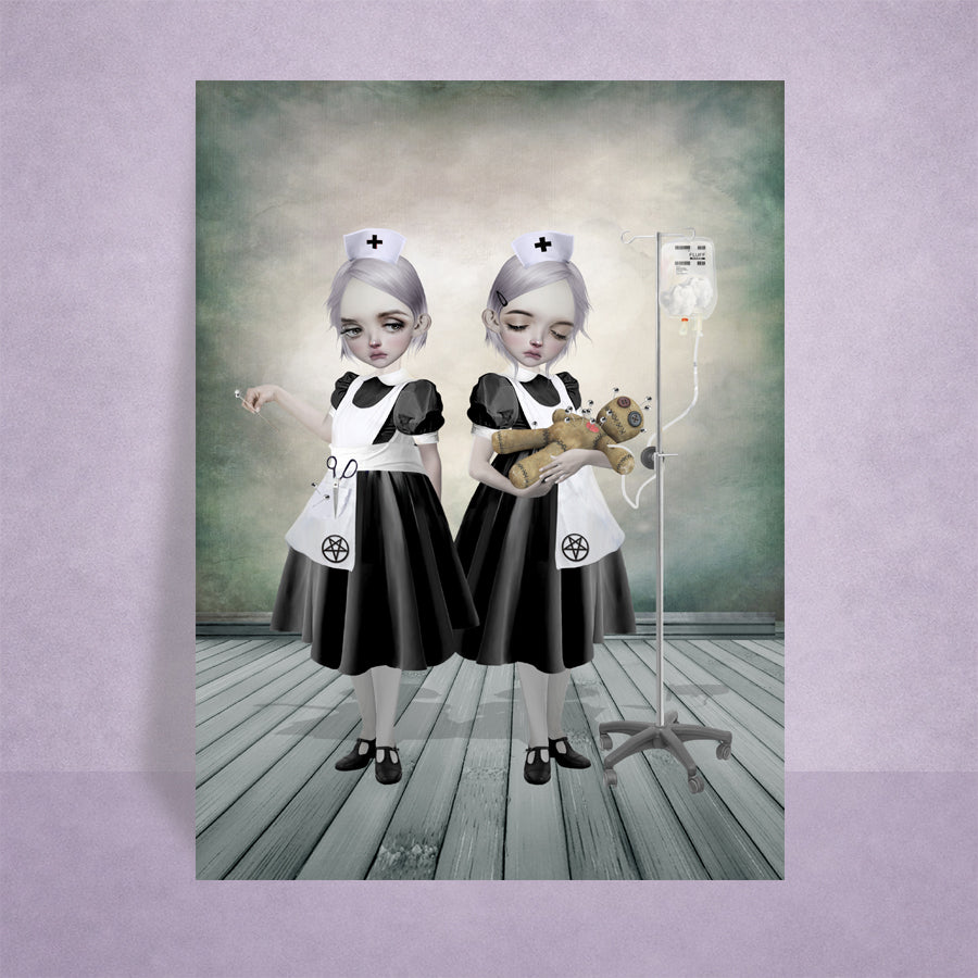 Artistic depiction of two nurses in a room with medical equipment and a voodoo doll.