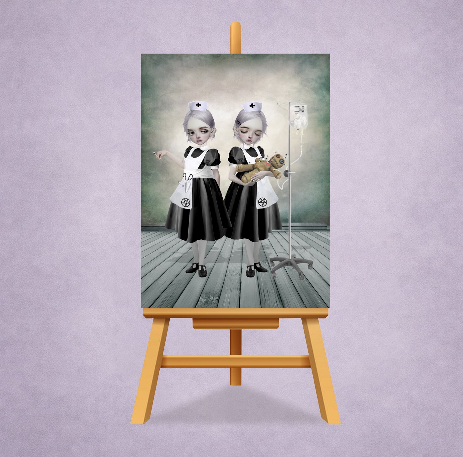ACEO card featuring two gothic nurses with a voodoo doll on a small easel for display.