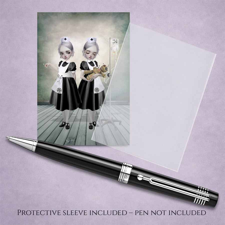 Gothic Nurse Twins ACEO Art Card  with Pen with protective sleeve on a light purple background