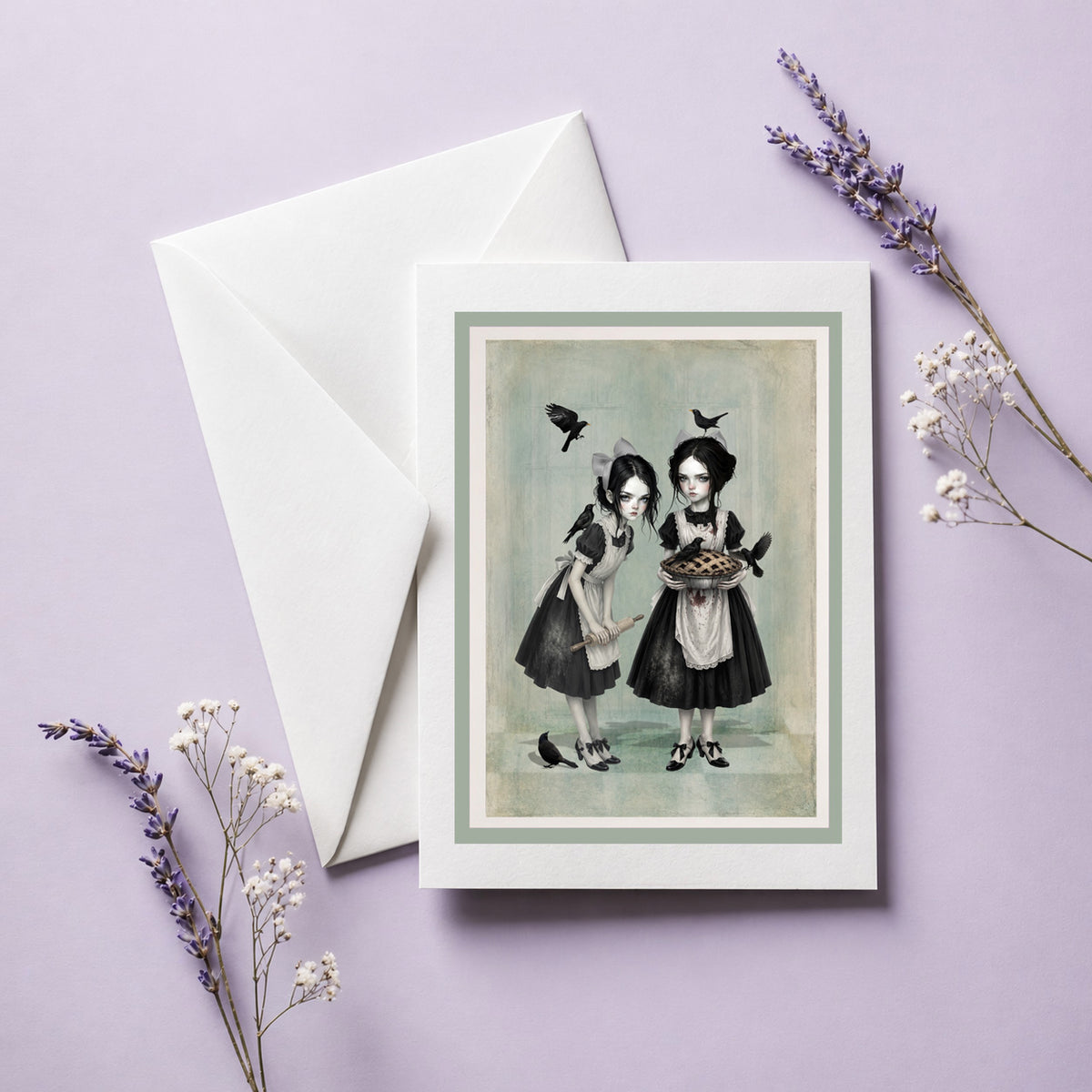Blank art greeting card displayed on a purple background, featuring twin gothic girls with blackbirds and a pie in a dark cottagecore style.