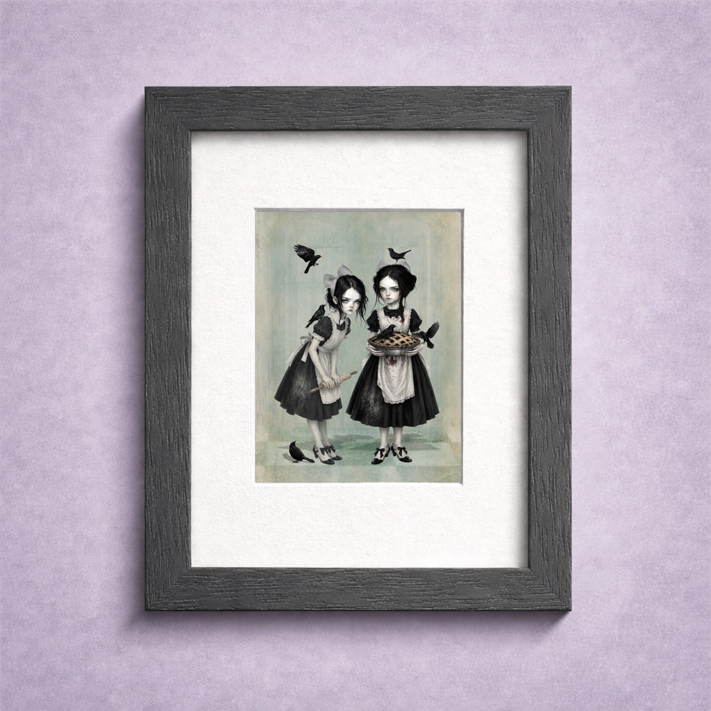 Miniature 2.5x3.5 ACEO art card displayed in a frame, featuring twin gothic girls with blackbirds and a pie in a dark cottagecore style.