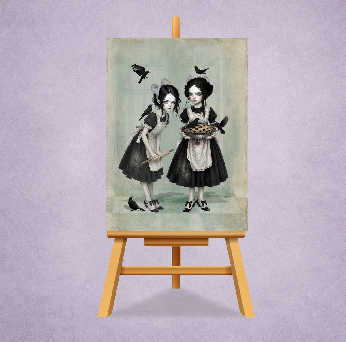 Miniature 2.5x3.5 ACEO art card displayed on a wooden easel, featuring twin gothic girls with blackbirds and a pie in a dark cottagecore style.