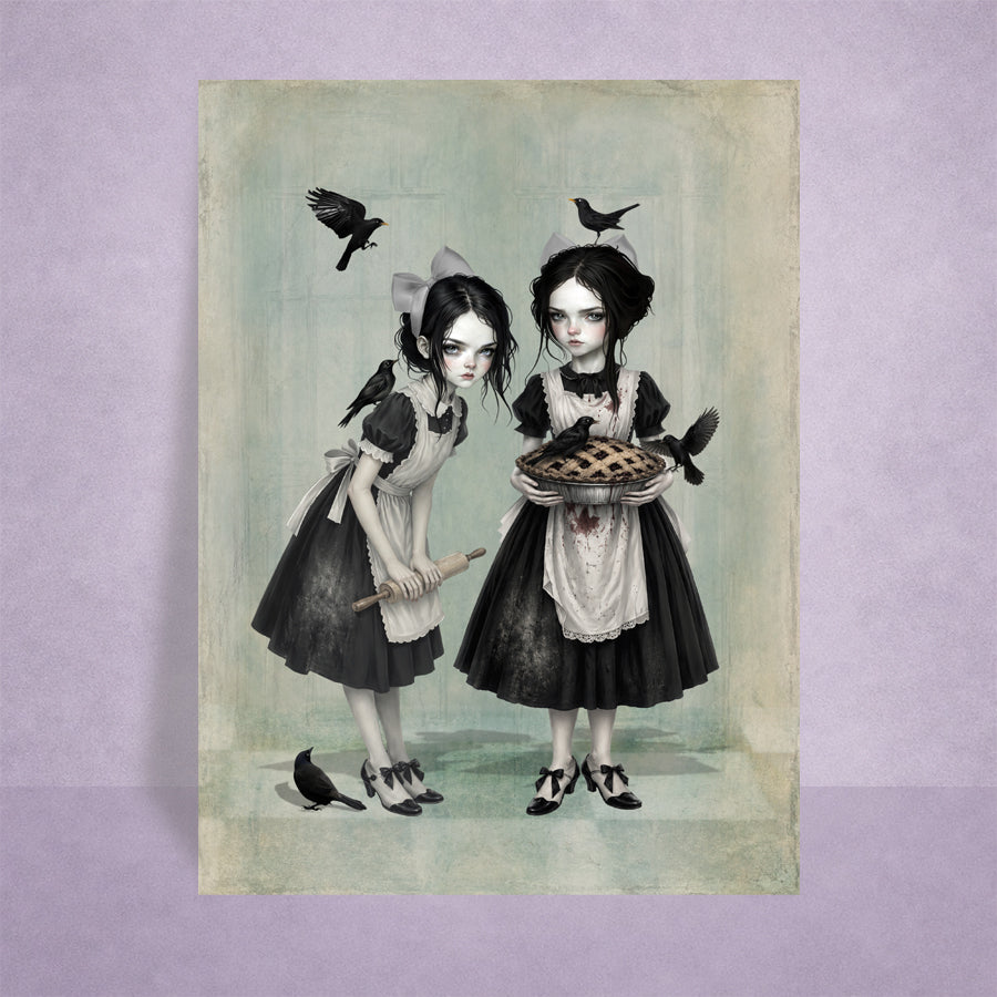 Miniature 2.5x3.5 ACEO art card displayed on a lilac background, featuring twin gothic girls with blackbirds and a pie in a dark cottagecore style.
