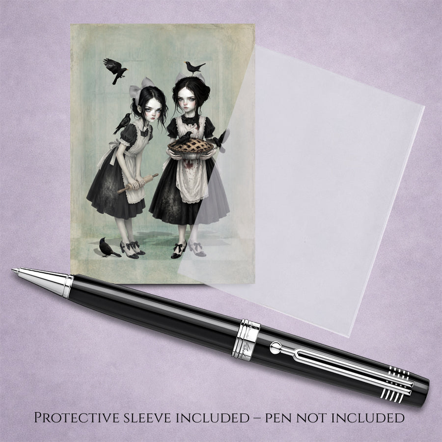 Miniature 2.5x3.5 ACEO art card displayed with protective sleeve, featuring twin gothic girls with blackbirds and a pie in a dark cottagecore style.