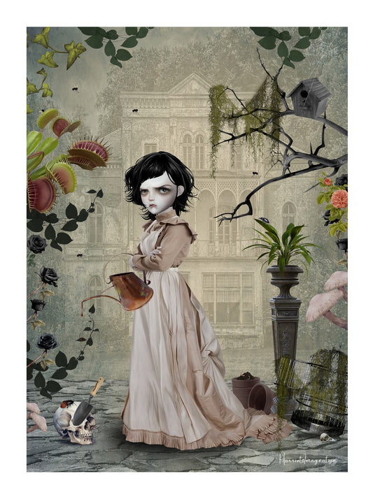 Mary Contrary, where her gothic garden blooms with Venus flytraps, human skulls, and other eerie elements. This victorian art offers a macabre twist on tradition. 