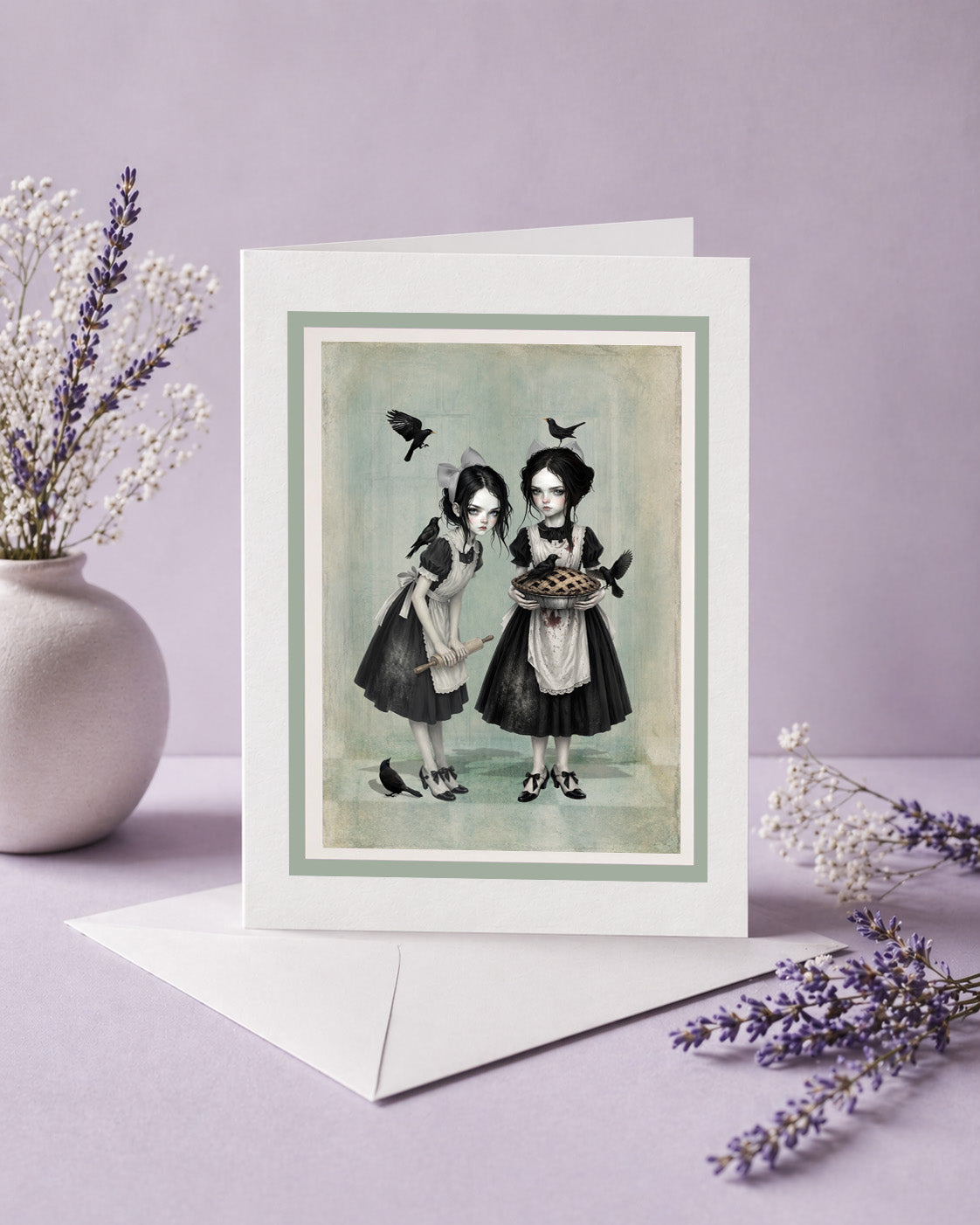 Blank greeting card with white envelope displayed on a purple background, featuring twin gothic girls with blackbirds and a pie in a dark cottagecore style.