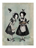 Dark cottagecore fine art print featuring twin gothic girls in aprons holding a pie and rolling pin, surrounded by blackbirds
