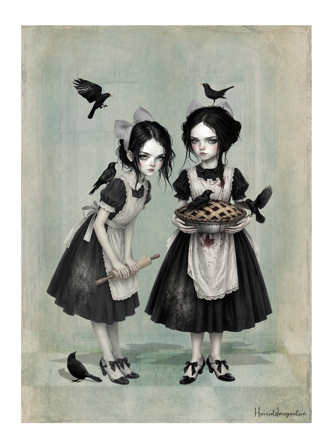 Dark cottagecore fine art print featuring twin gothic girls in aprons holding a pie and rolling pin, surrounded by blackbirds