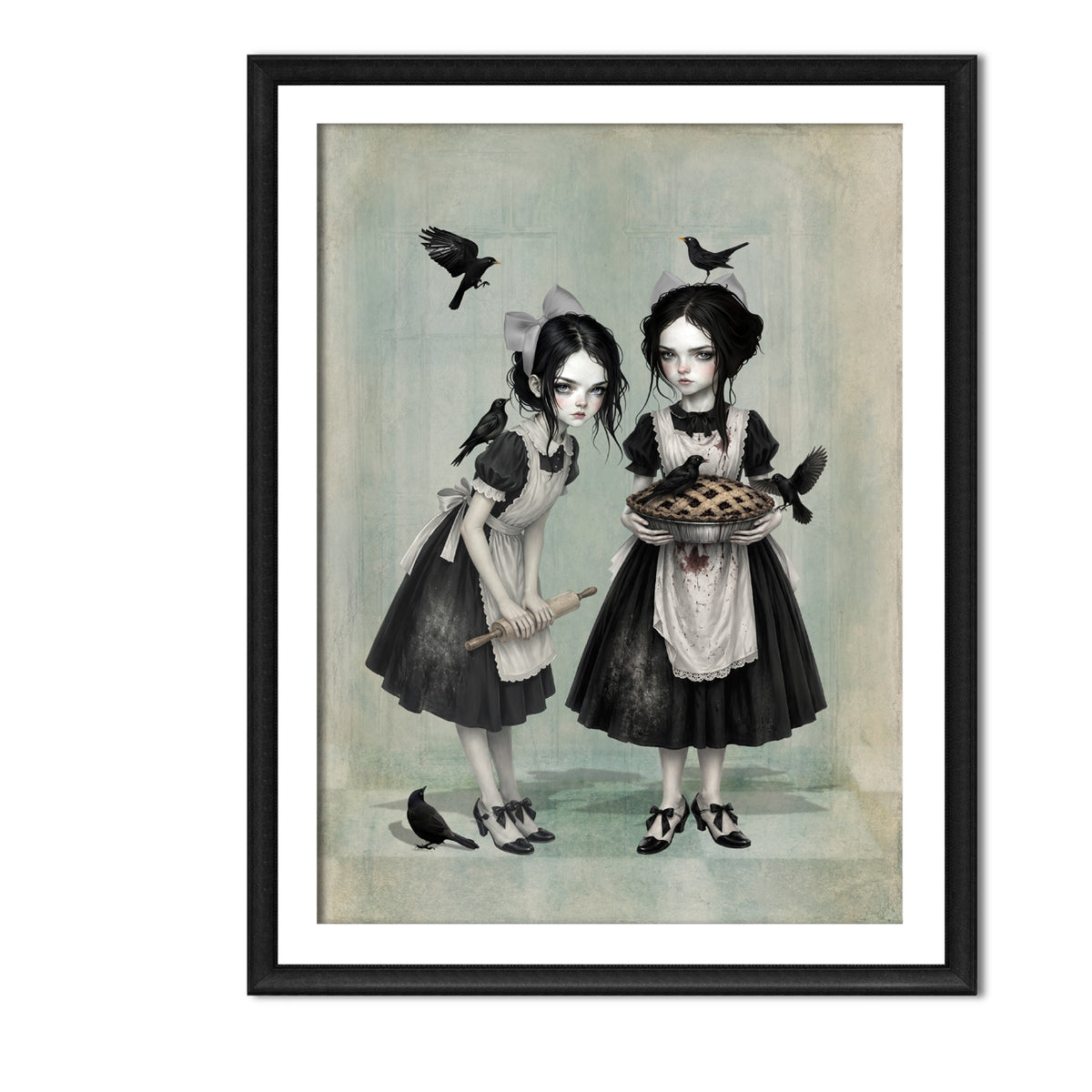 Dark cottagecore fine art print in an A4 frame featuring twin gothic girls in aprons holding a pie and rolling pin, surrounded by blackbirds