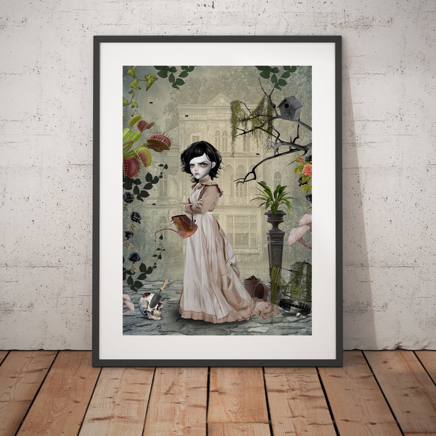 Framed Gothic art of Contrary Mary from nursery rhyme with surreal, haunting imagery.