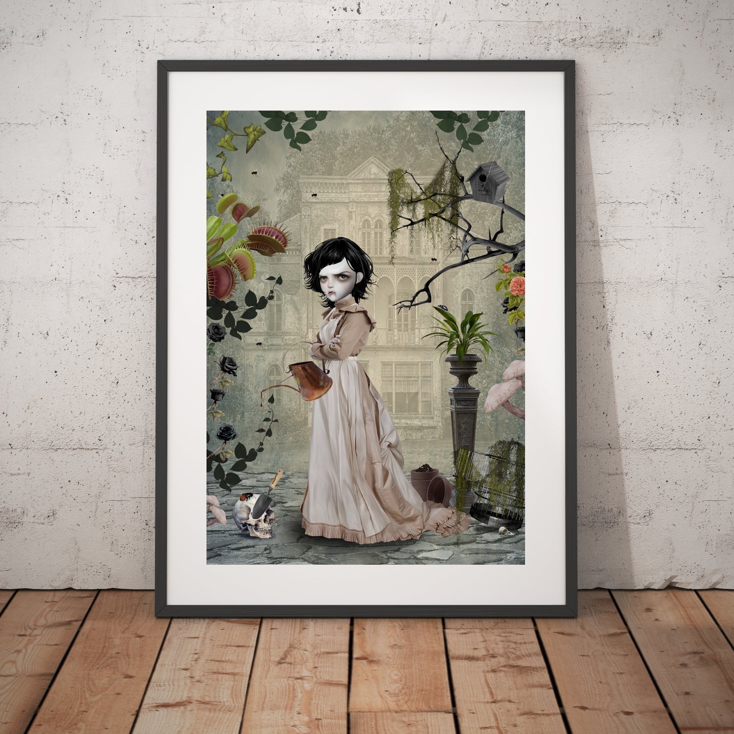 Framed Gothic art of Contrary Mary from nursery rhyme with surreal, haunting imagery.