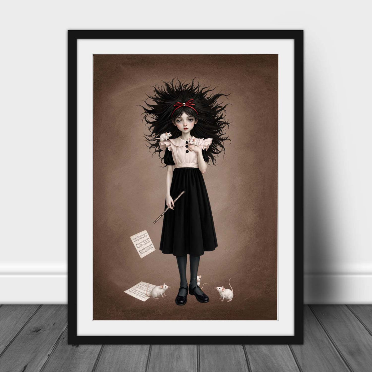 Gothic fine art print in an A3 Frame featuring a dark-haired girl holding a flute with white mice perched on her dress and sheet music at her feet on a textured brown background.