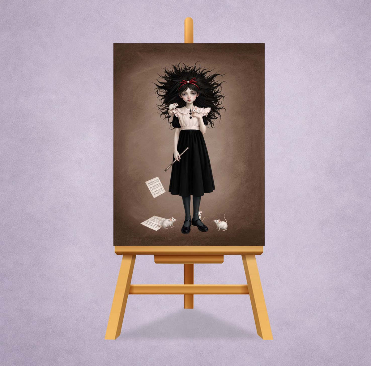 ACEO mini art trading card on a miniature display stand featuring a gothic girl holding a flute with white mice perched on her dress and sheet music at her feet.