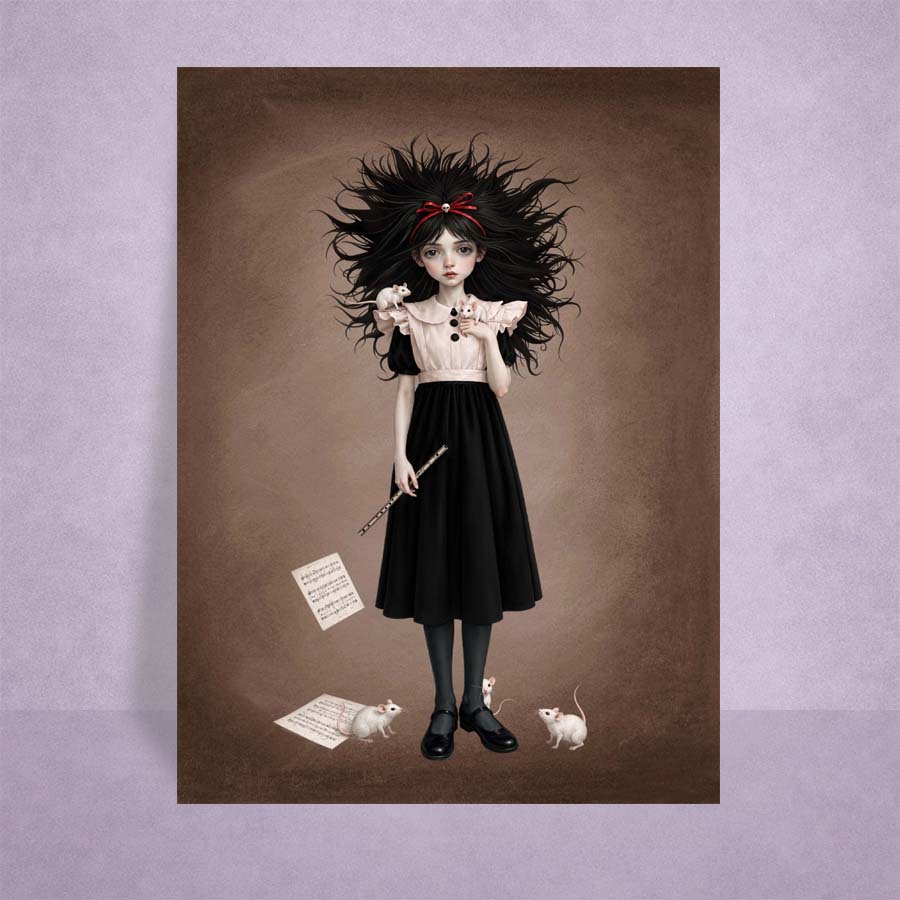 ACEO mini art trading card on lilac background featuring a gothic girl holding a flute with white mice perched on her dress and sheet music at her feet.