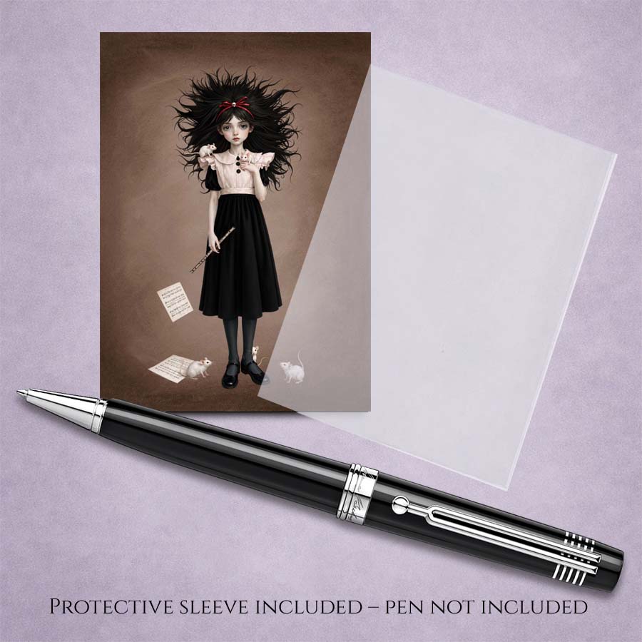 ACEO mini art trading card with protective sleeve featuring a gothic girl holding a flute with white mice perched on her dress and sheet music at her feet.