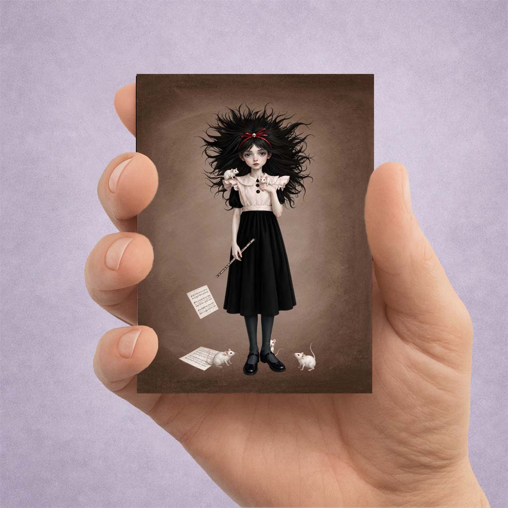 ACEO mini art trading card held in hand featuring a gothic girl holding a flute with white mice perched on her dress and sheet music at her feet.