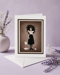 Blank gothic art greeting card featuring a girl holding a flute with white mice perched on her dress, displayed vertically with a white envelope and dried lavender accents.