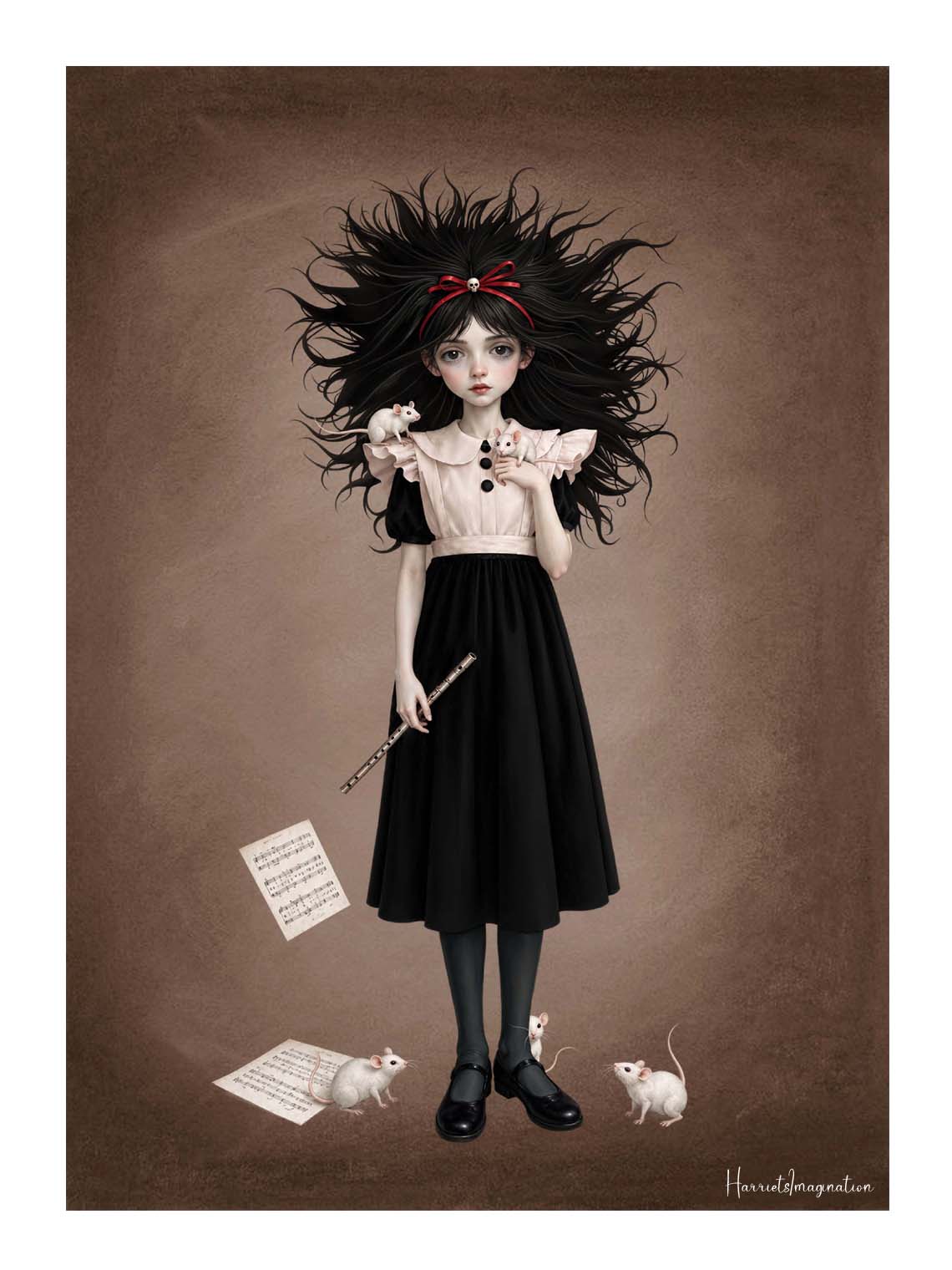 Gothic fine art print featuring a dark-haired girl holding a flute with white mice perched on her dress and sheet music at her feet on a textured brown background.