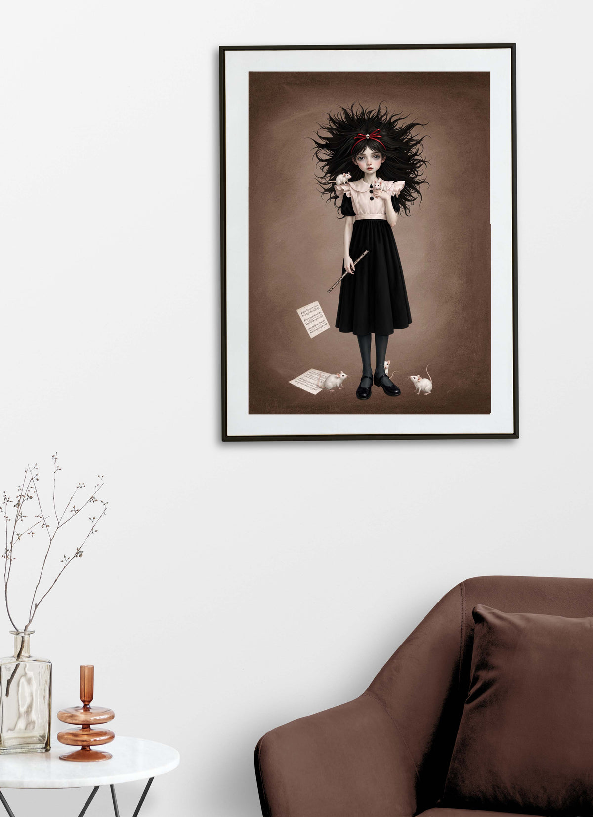Gothic fine art print displayed on a living Room Wall featuring a dark-haired girl holding a flute with white mice perched on her dress and sheet music at her feet on a textured brown background.