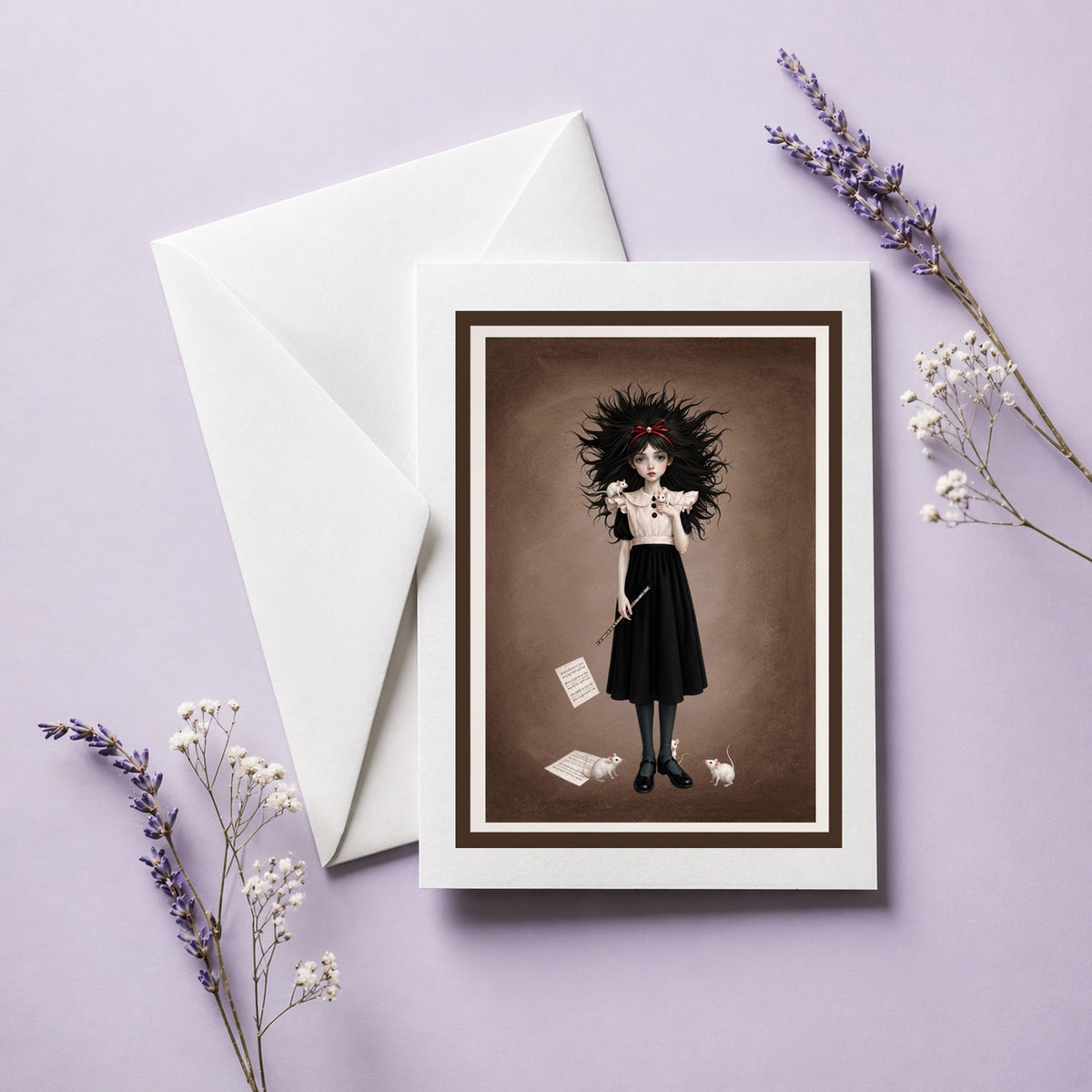 Blank gothic art greeting card with envelope featuring a girl holding a flute with white mice perched on her dress.