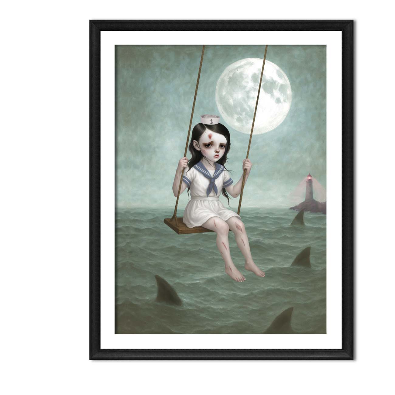 Framed gothic sailor girl wall decor featuring sharks, lighthouse and full moon over the sea.