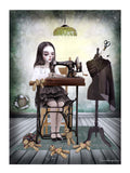 Illustration of a girl at a sewing machine with voodoo dolls around her.