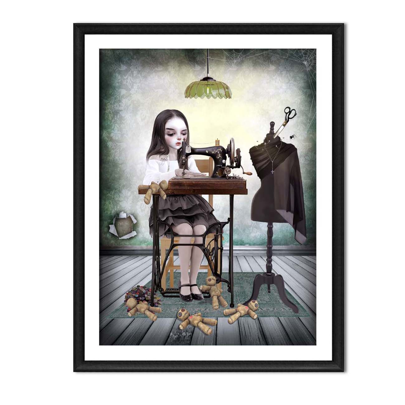 Framed artwork of a girl at a sewing machine with a dress on a rack and voodoo dolls on the floor.