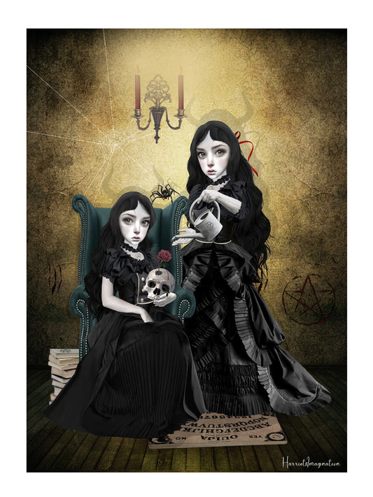 A Gothic art print featuring sister witches at the witching hour, displayed without a frame.