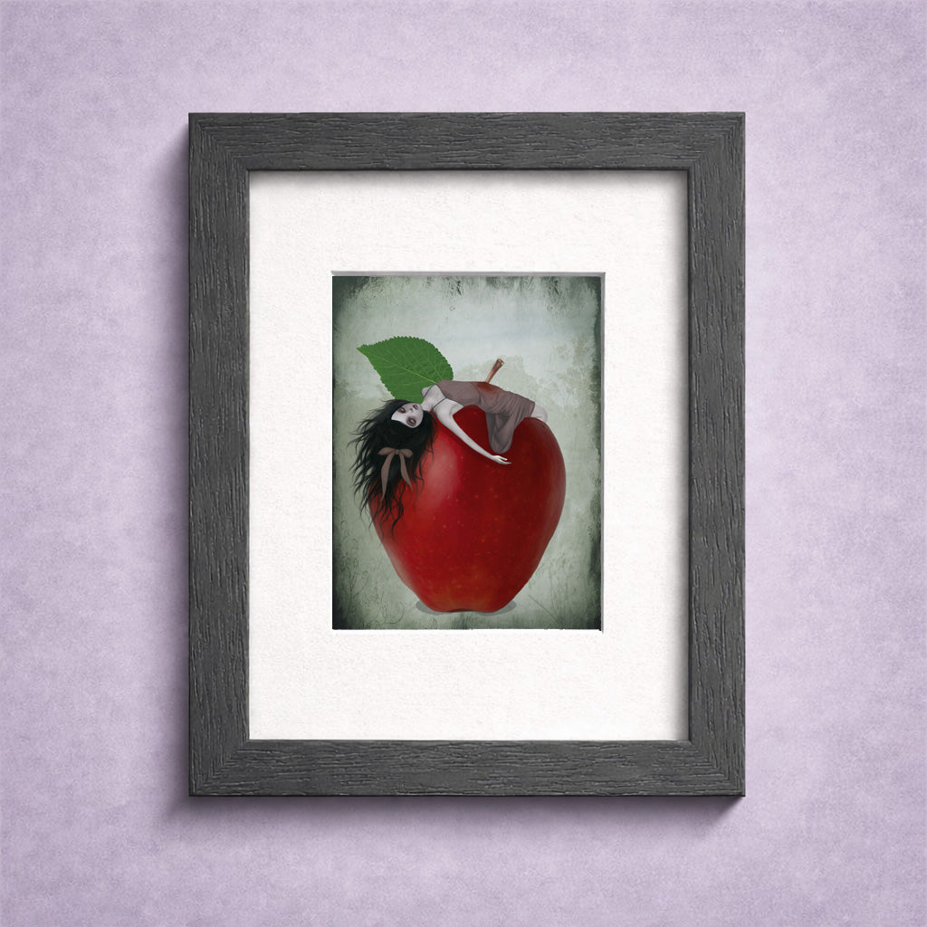 Framed ACEO artwork of Snow White impaled on the stalk of a red apple on a light purple wall.