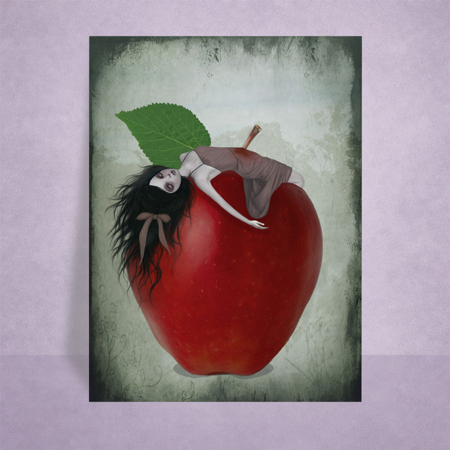 ACEO Card, illustration of a Snow White impaled on the stalk of a red apple with a green leaf against a textured background