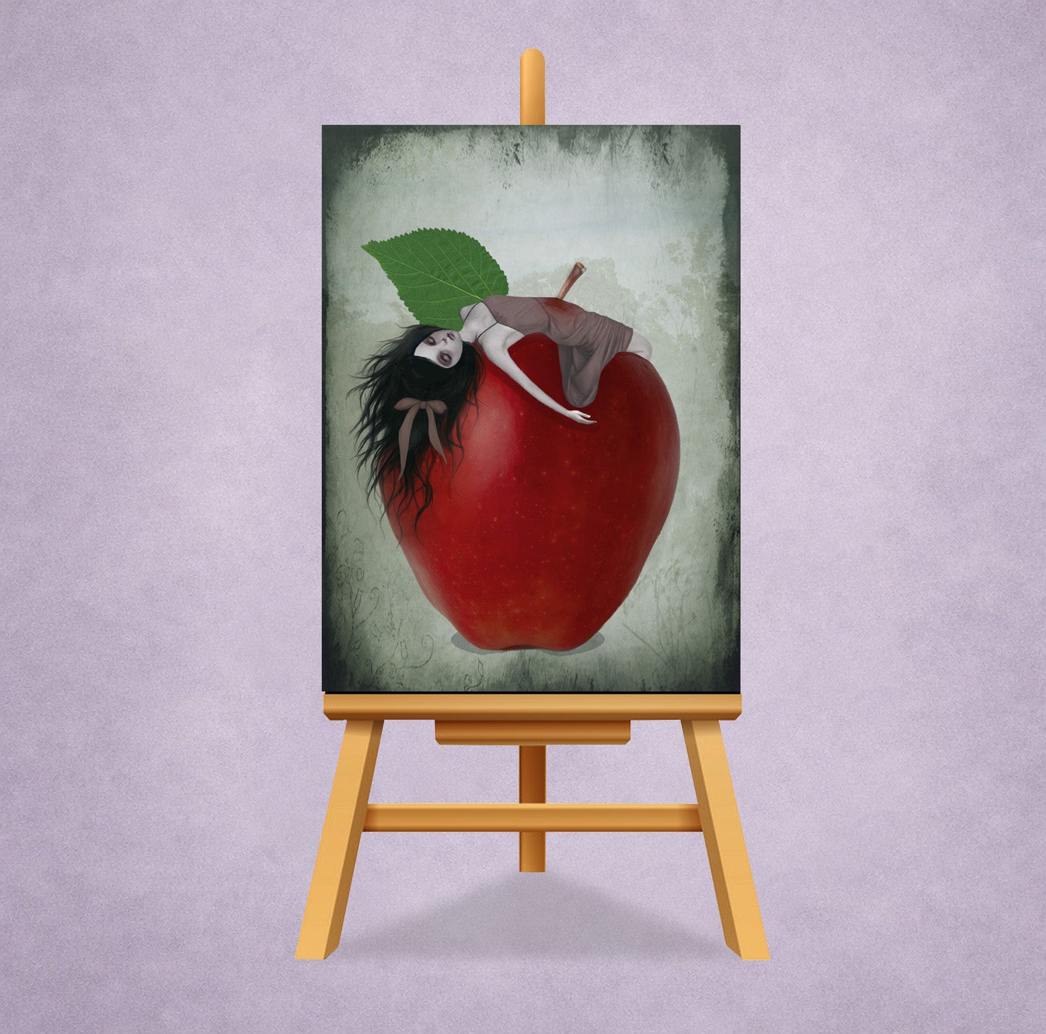ACEO Card of a character on a large red apple displayed on an easel against a light purple background.