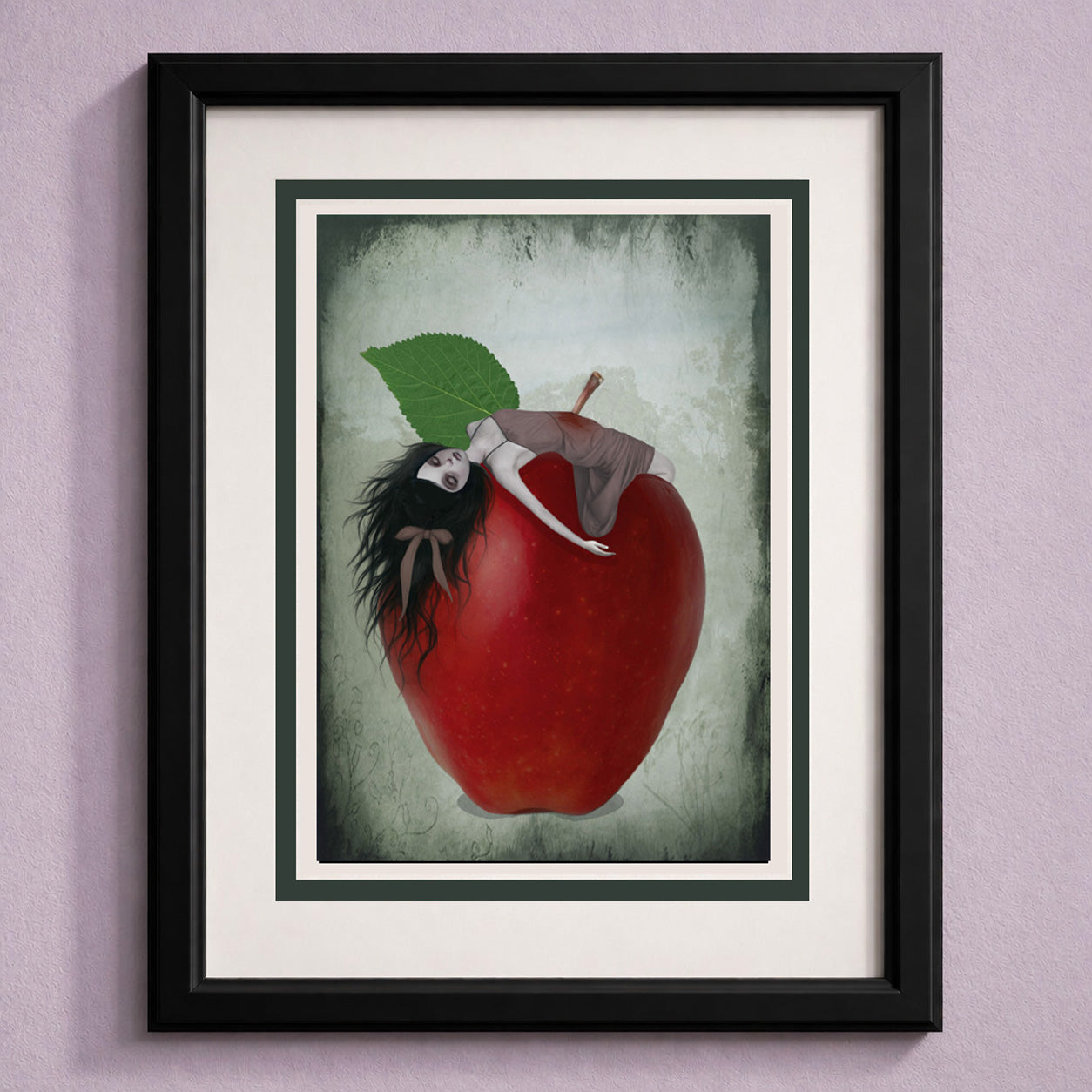 Framed art greeting card of a Snow White impaled on a red apple against a purple wall.