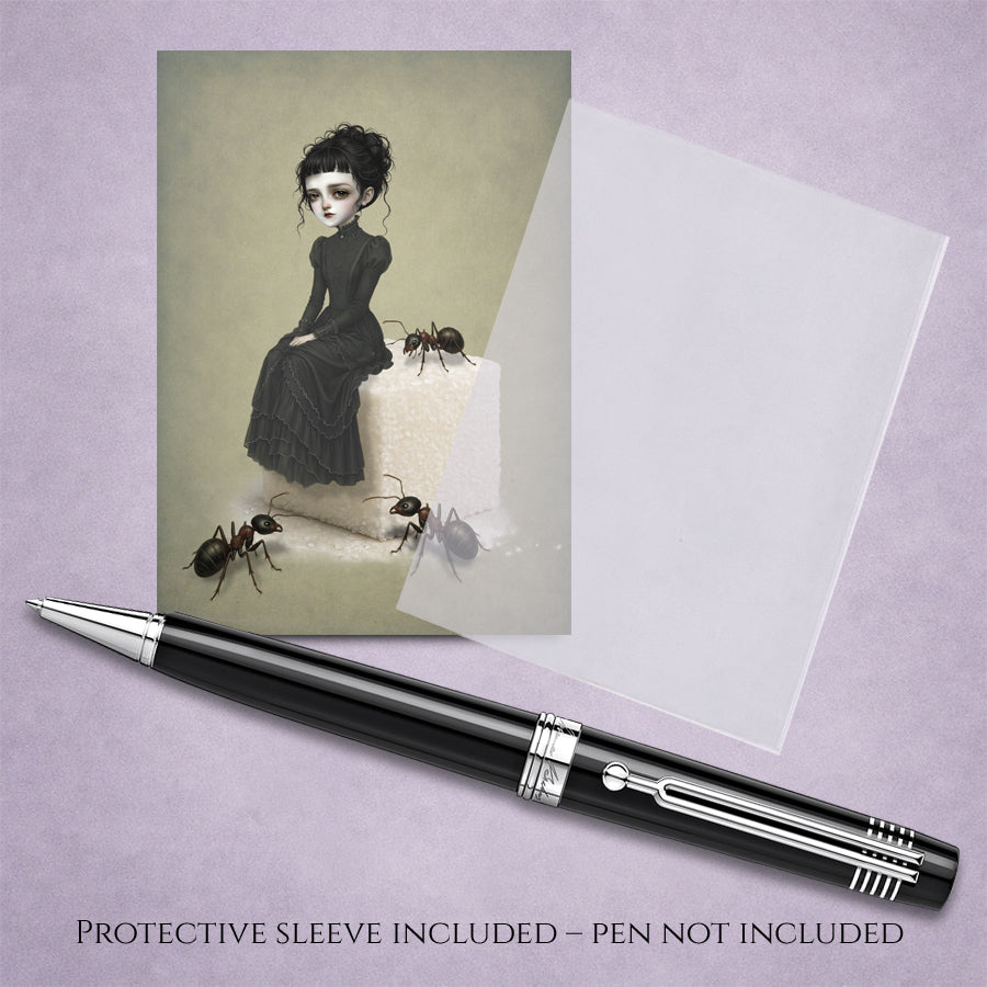 A miniature gothic ACEO art card with protective sleeve featuring a surreal illustration of a girl on a giant sugar cube with large ants.
