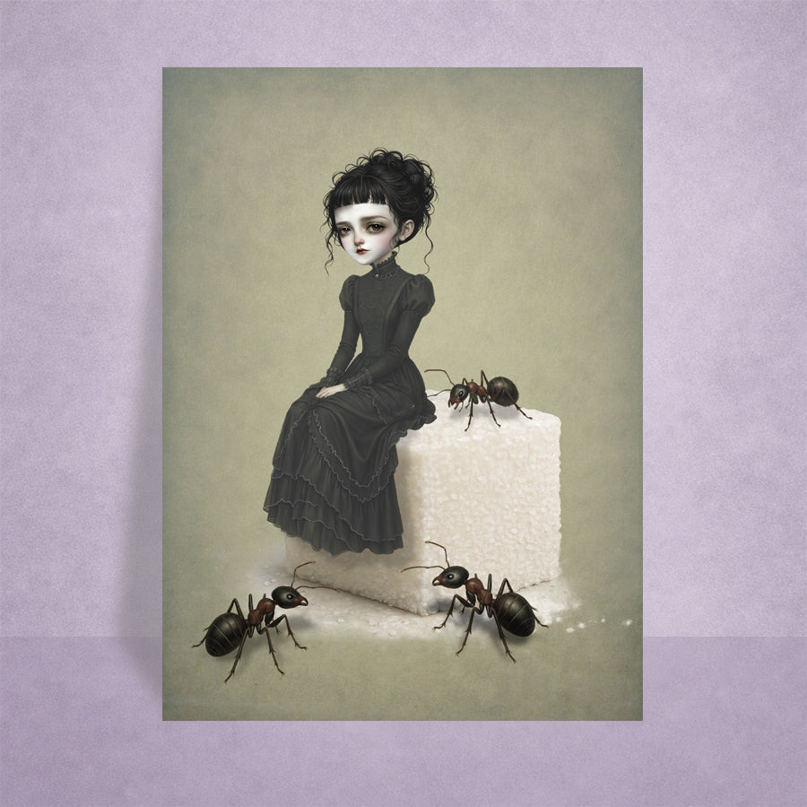 A miniature gothic ACEO art card featuring a surreal illustration of a girl on a giant sugar cube with large ants, displayed on a lilac background.