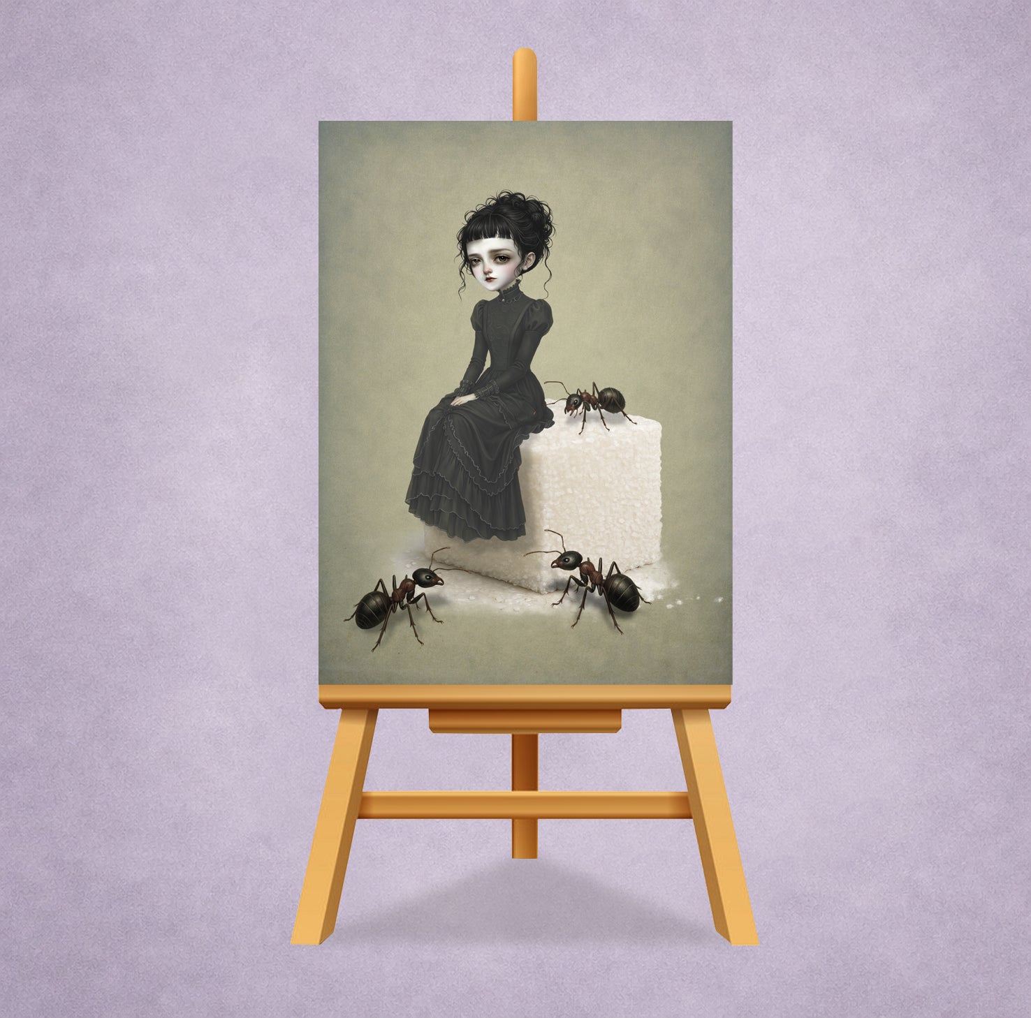 A miniature gothic ACEO art card featuring a surreal illustration of a girl on a giant sugar cube with large ants, displayed on a miniature display stand.