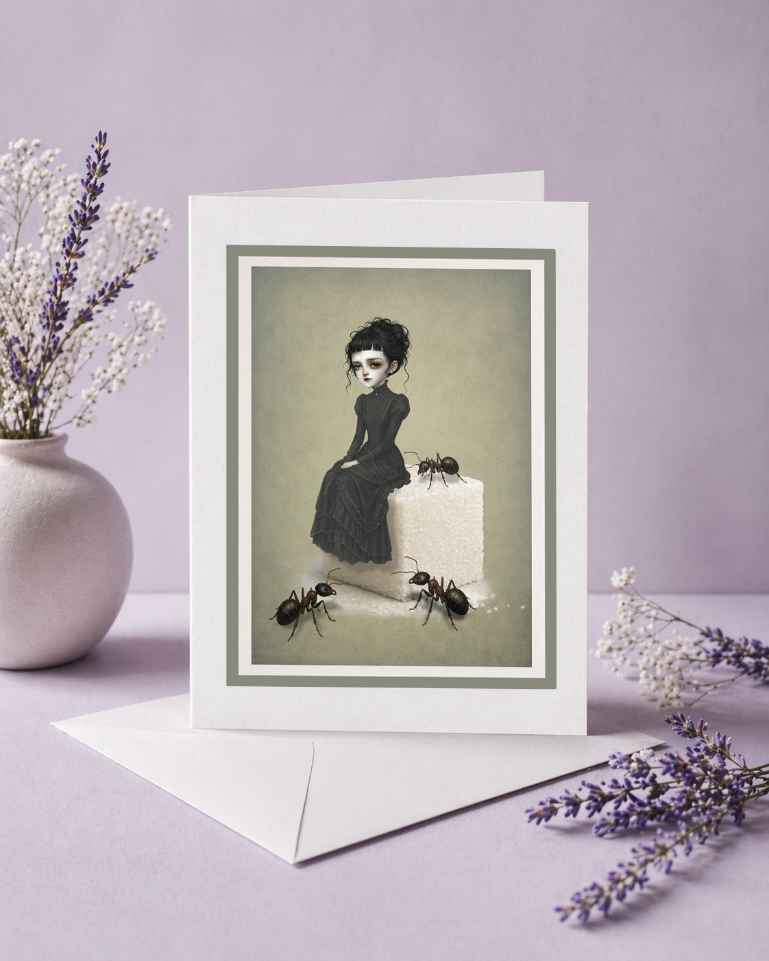 An alternative art greeting card featuring a dark whimsy pop surrealism illustration of a girl on a giant sugar cube with large ants, standing upright on its white envelope next to a ceramic vase with dried lavender on a purple background.