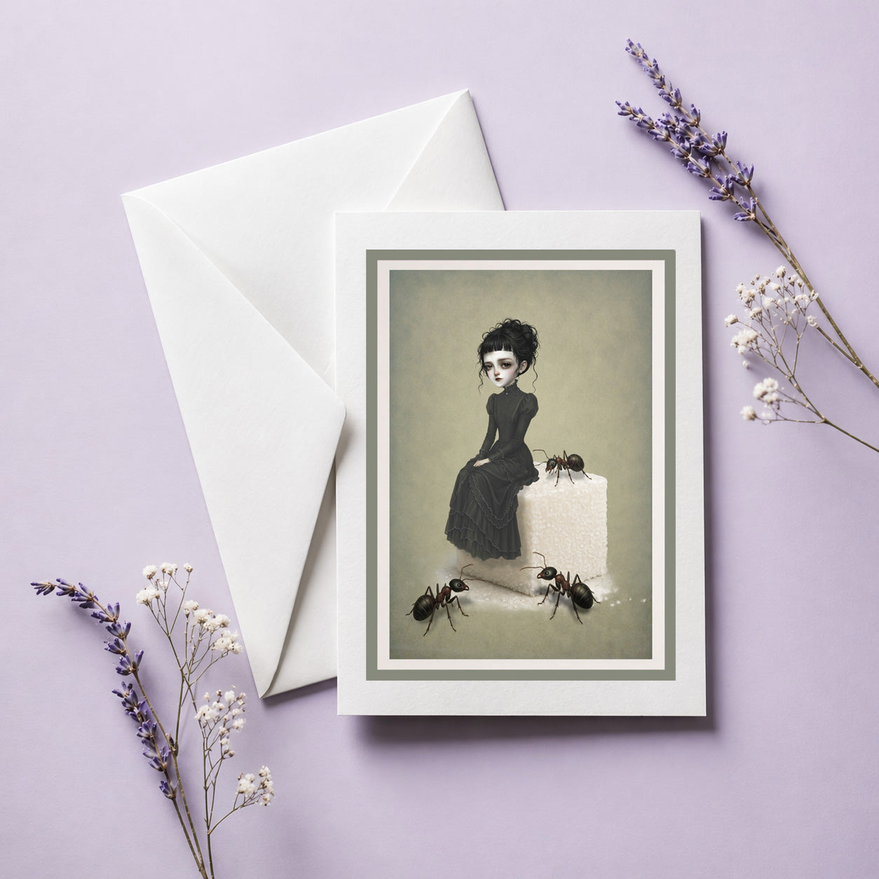 Alternative art greeting card and envelope featuring a dark whimsy pop surrealism illustration of a girl on a giant sugar cube with large ants.