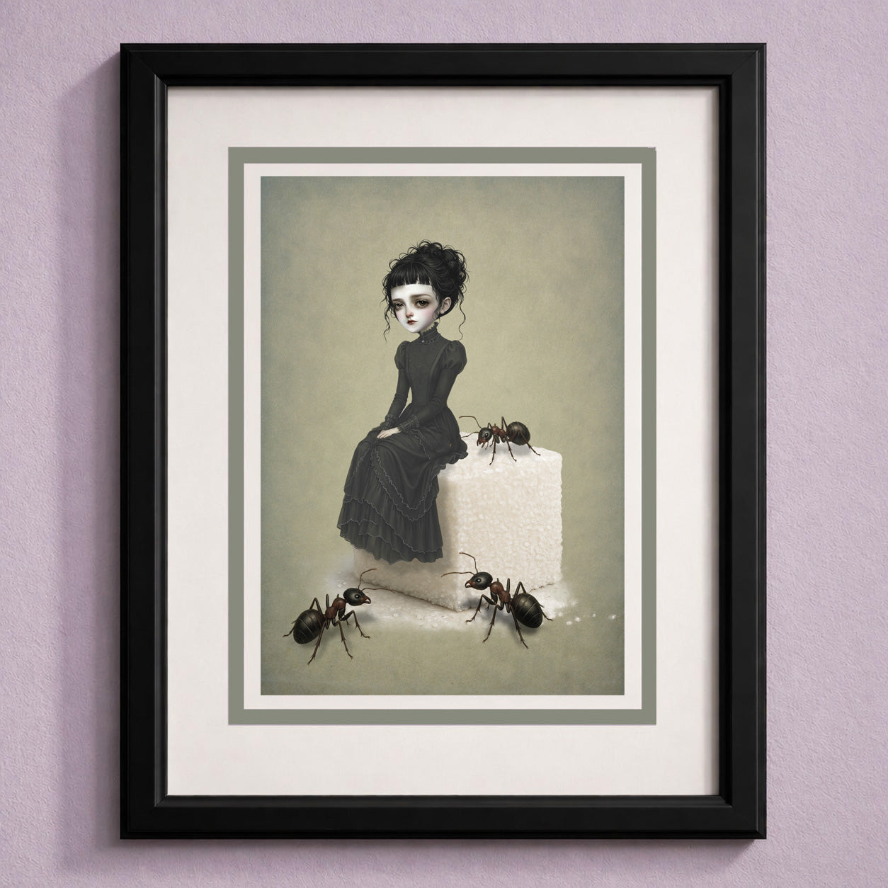 Framed Alternative art greeting card  featuring a dark whimsy pop surrealism illustration of a girl on a giant sugar cube with large ants.