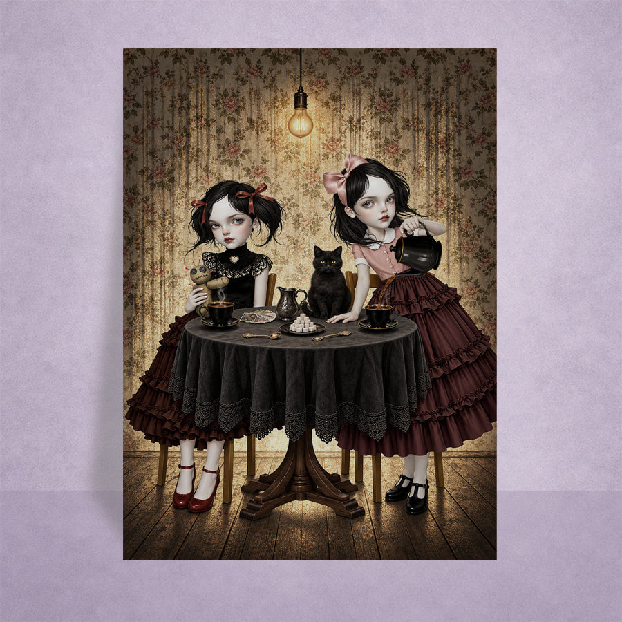 2.5x3.5 inch ACEO miniature art card on a lilac background featuring two Victorian gothic girls having a dark tea party with a black cat, voodoo doll, and playing cards.