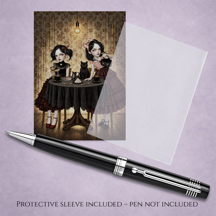 2.5x3.5 inch ACEO miniature art card with protective sleeve featuring two Victorian gothic girls having a dark tea party with a black cat, voodoo doll, and playing cards.