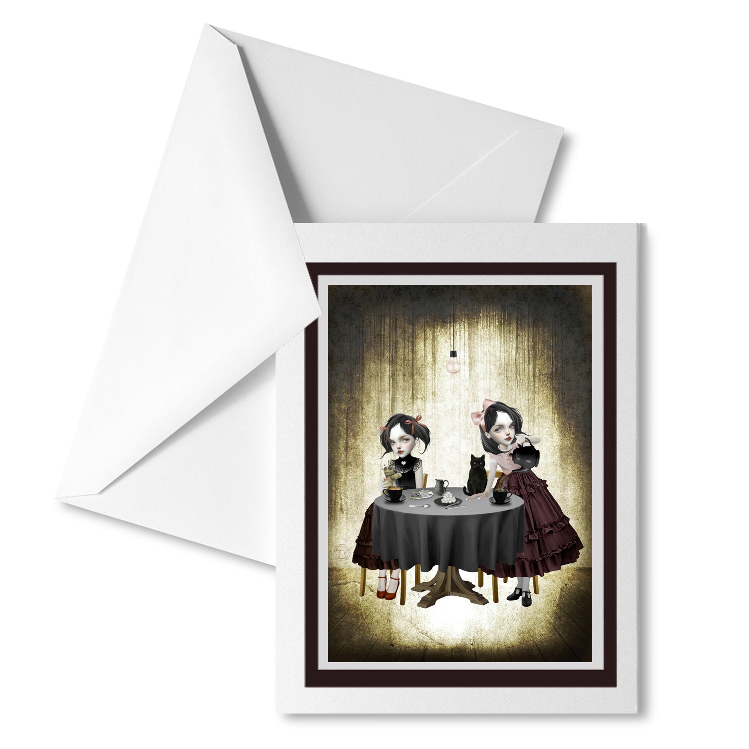 Gothic Tea Party Art Greeting Card. Featuring two sisters enjoying tea and tarot cards.