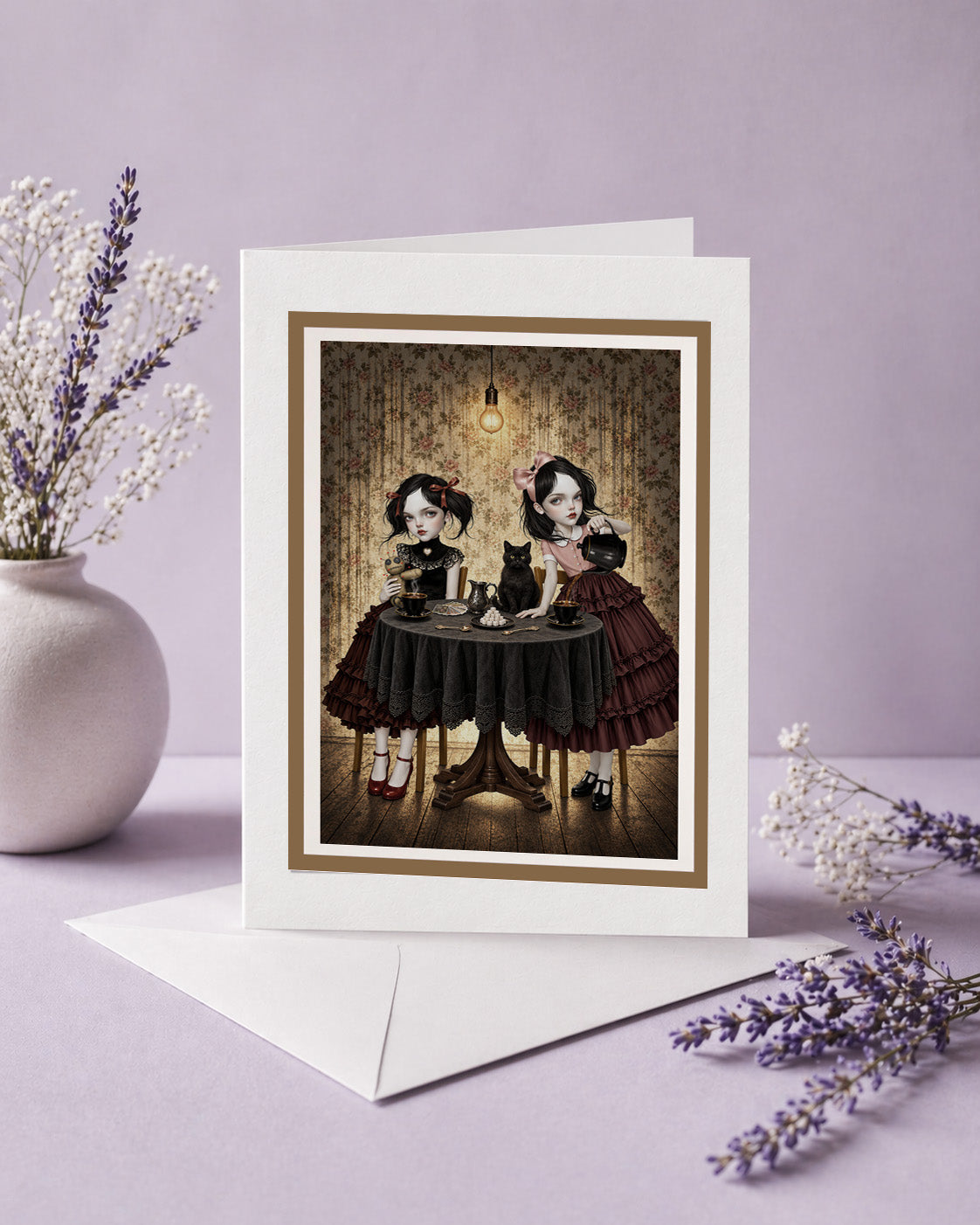 A greeting card with a dark gothic tea party artwork framed in gold, displayed on a purple backdrop with dried lavender and a white envelope