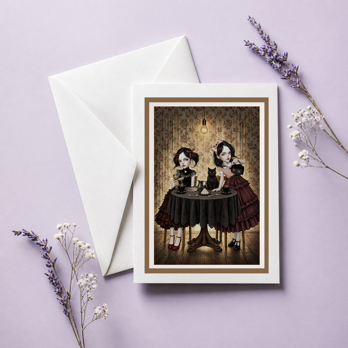 Greeting card with a dark gothic tea party artwork framed in gold, displayed on a purple backdrop with dried lavender.