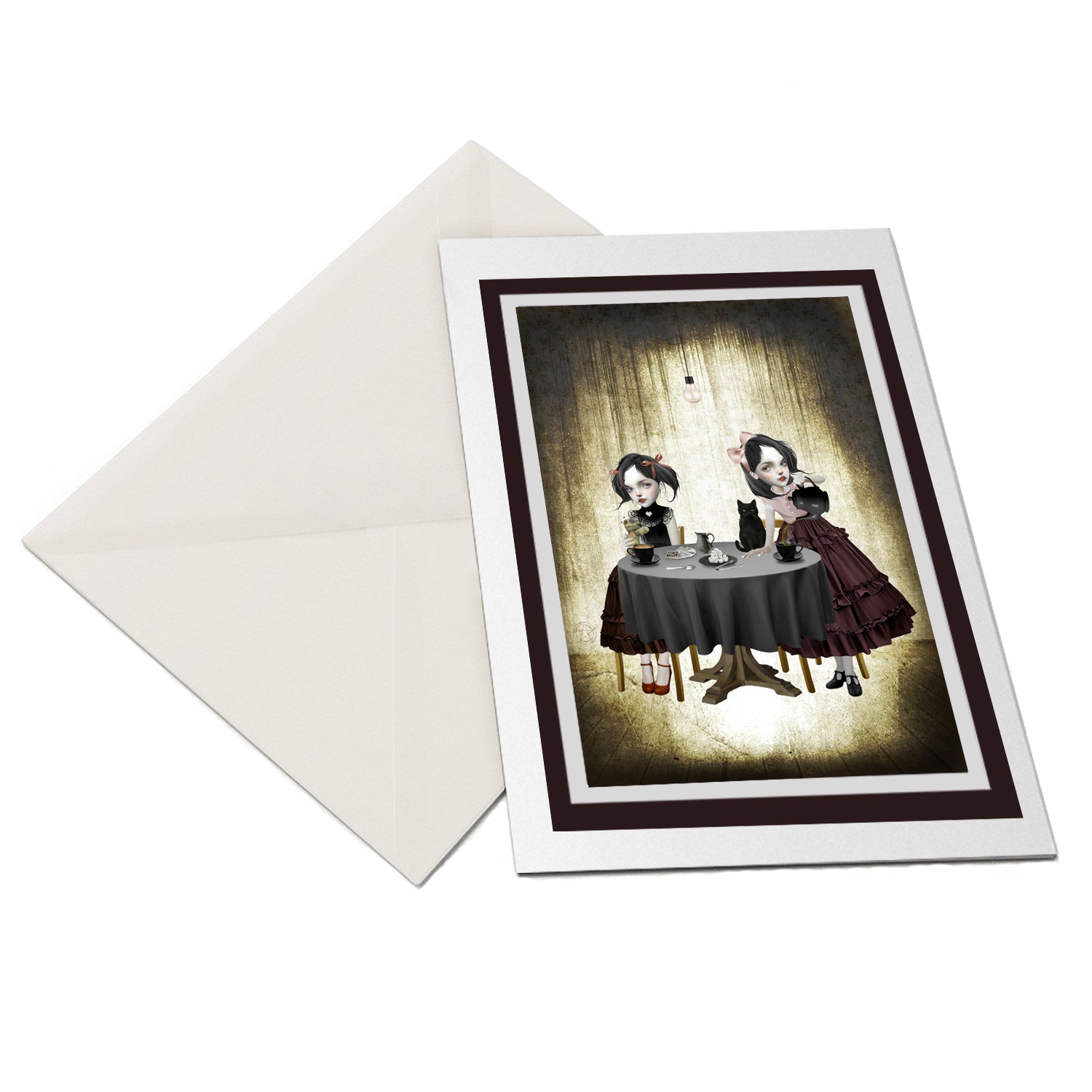 Gothic Art Greeting Card. Featuring two sisters enjoying tea and tarot cards