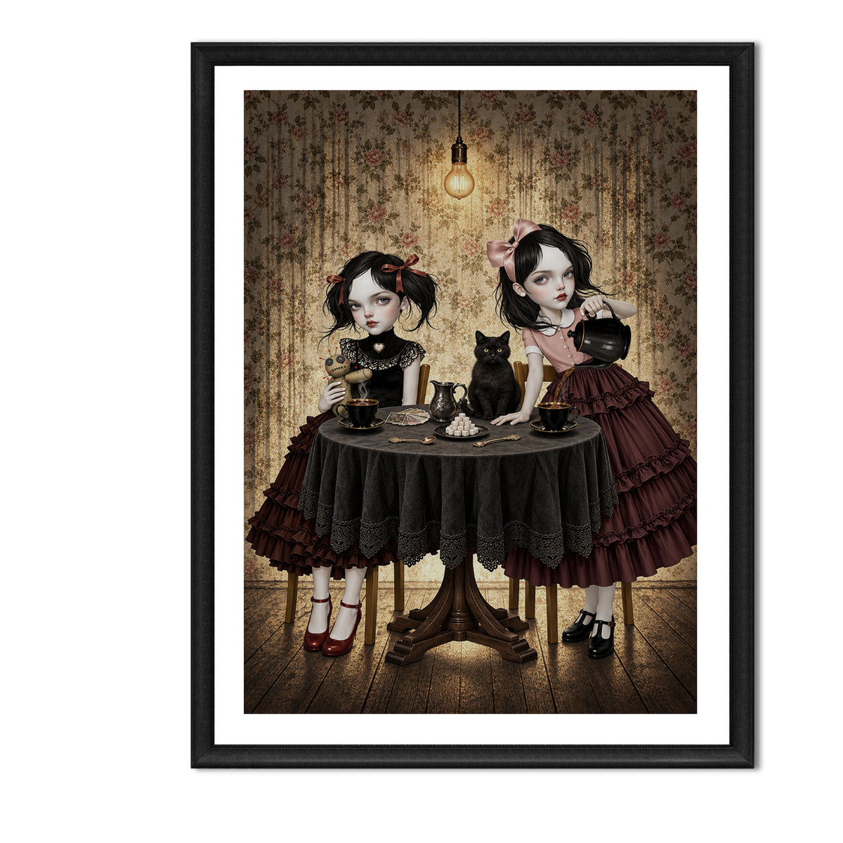 Gothic Tea Party Art Print in an A4 Frame featuring two gothic girls sitting at a round wooden table having a tea party with a black cat, a voodoo doll, and tarot cards.