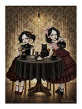 Gothic Tea Party Art Print featuring two gothic girls sitting at a round wooden table having a tea party with a black cat, a voodoo doll, and tarot cards.