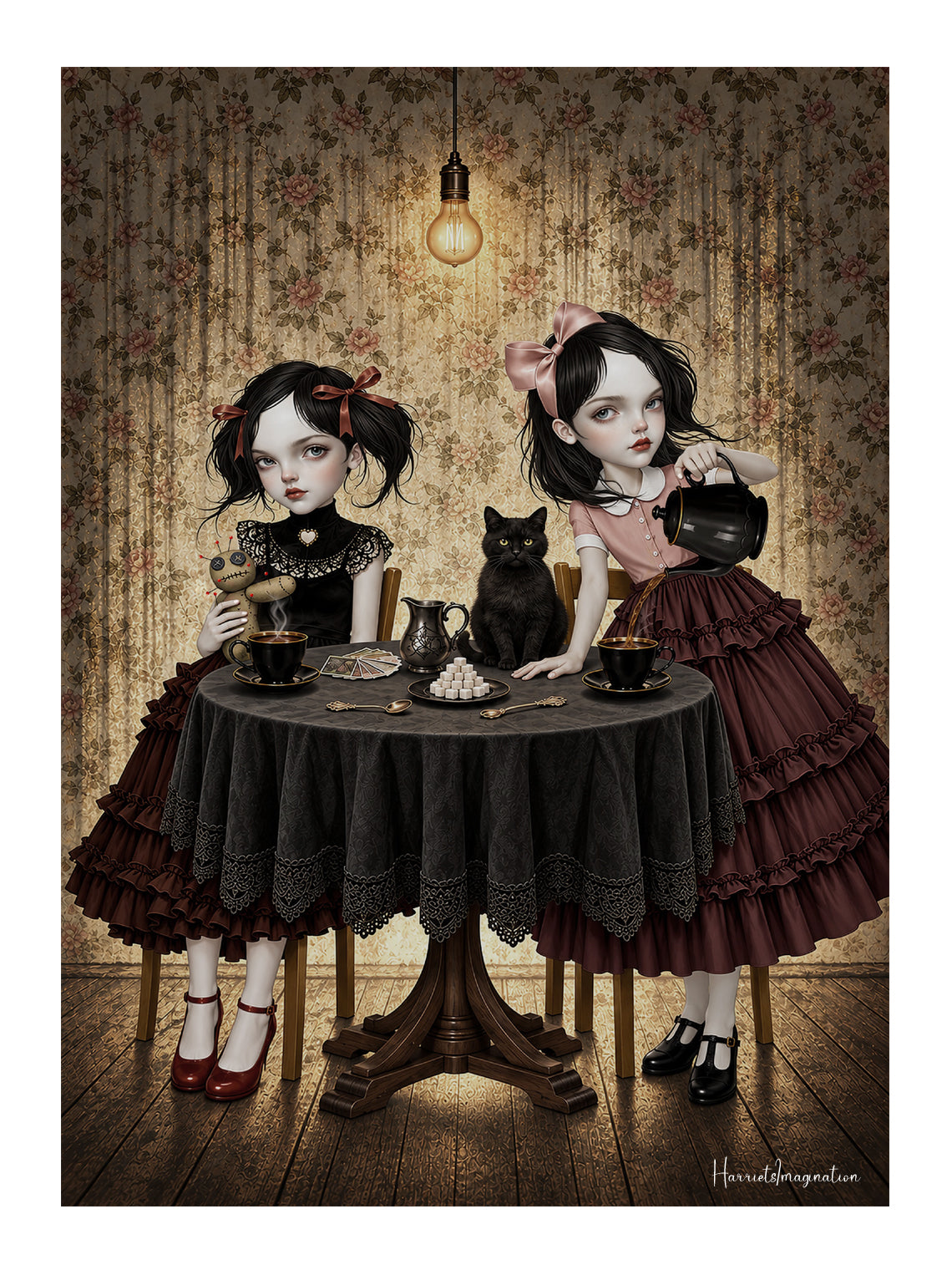 Gothic Tea Party Art Print featuring two gothic girls sitting at a round wooden table having a tea party with a black cat, a voodoo doll, and tarot cards.