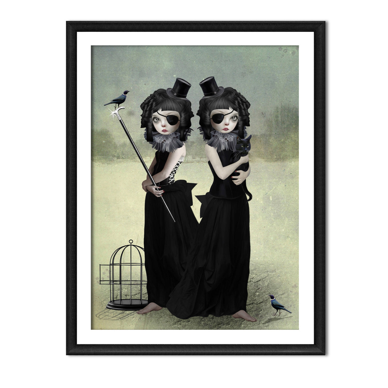 Gothic Art Print. Featuring two twin sisters, one as a black cat and the other surrounded by pet blackbirds,